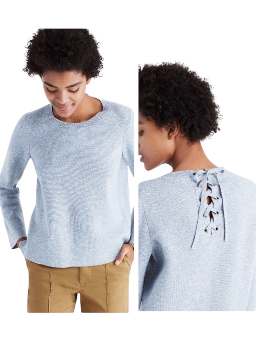 Madewell Laced Back Cotton Pull Over Sweater Marled Denim Blue SZ M